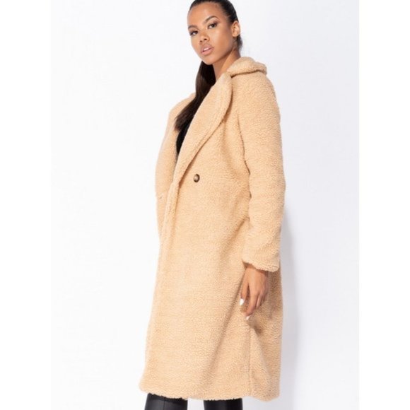 Camel Long Sleeve Loose Fit Double Breasted Long Maxi Teddy Bear Fur Coat - Picture 11 of 12